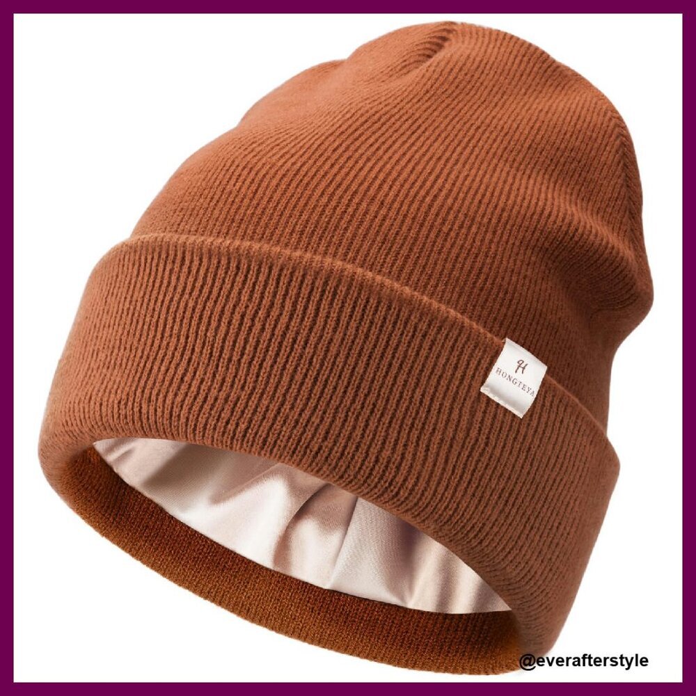 Satin Lined Knit Beanie Hat Ultra Soft Acrylic Classic Chic Winter Accessory